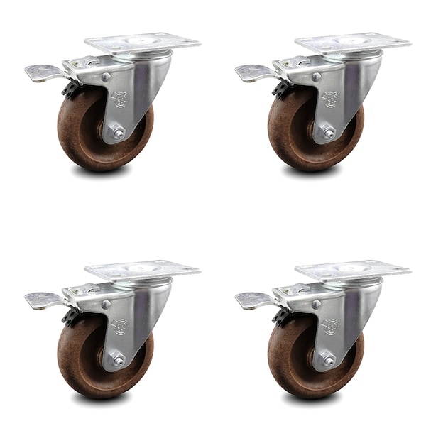 4 Inch High Temp Glass Filled Nylon Top Plate Caster Set with Total Lock Brake